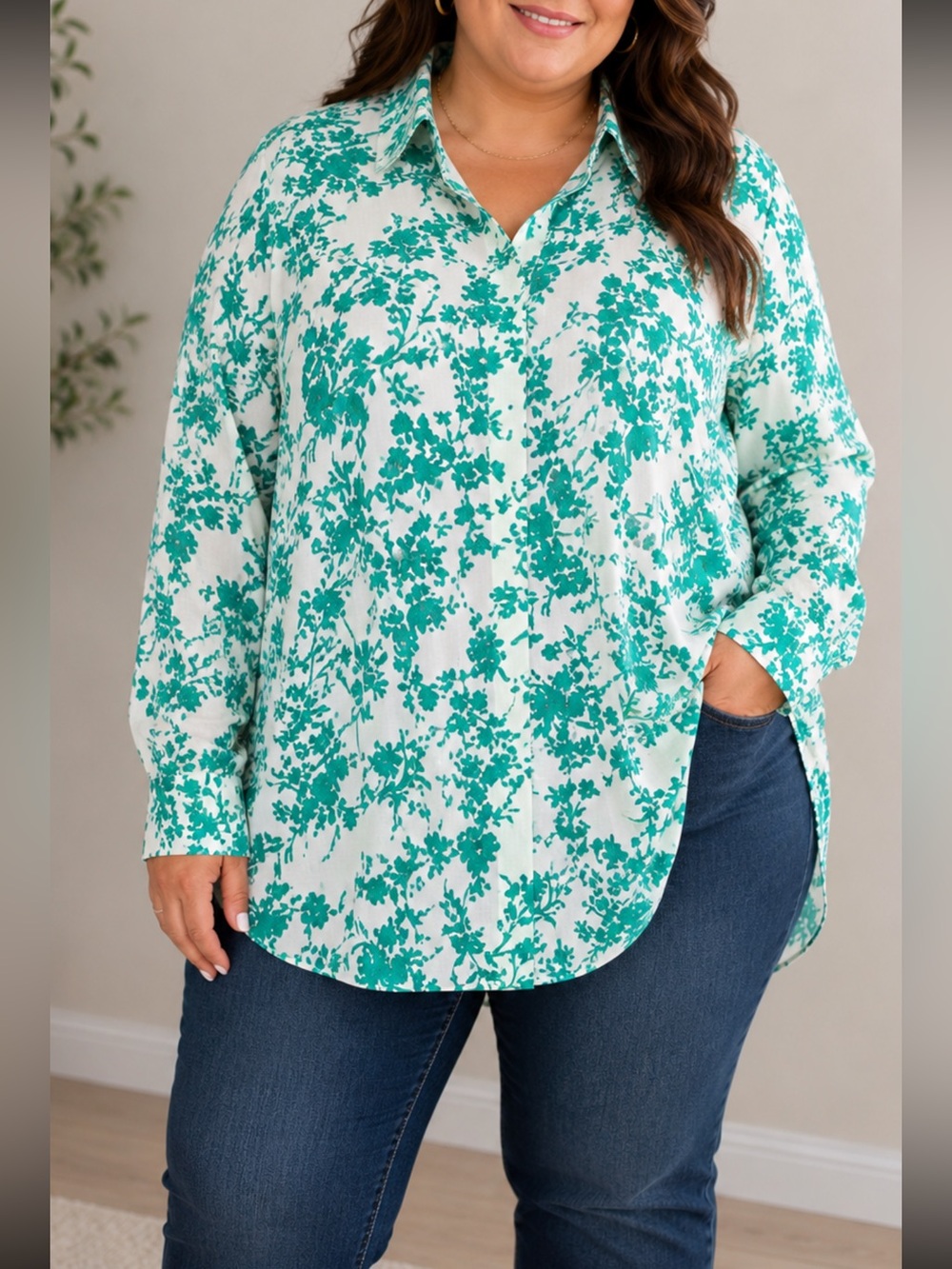 Woman Within 3X Green Floral Button Front Shirt Top Plus Size Long Sleeve